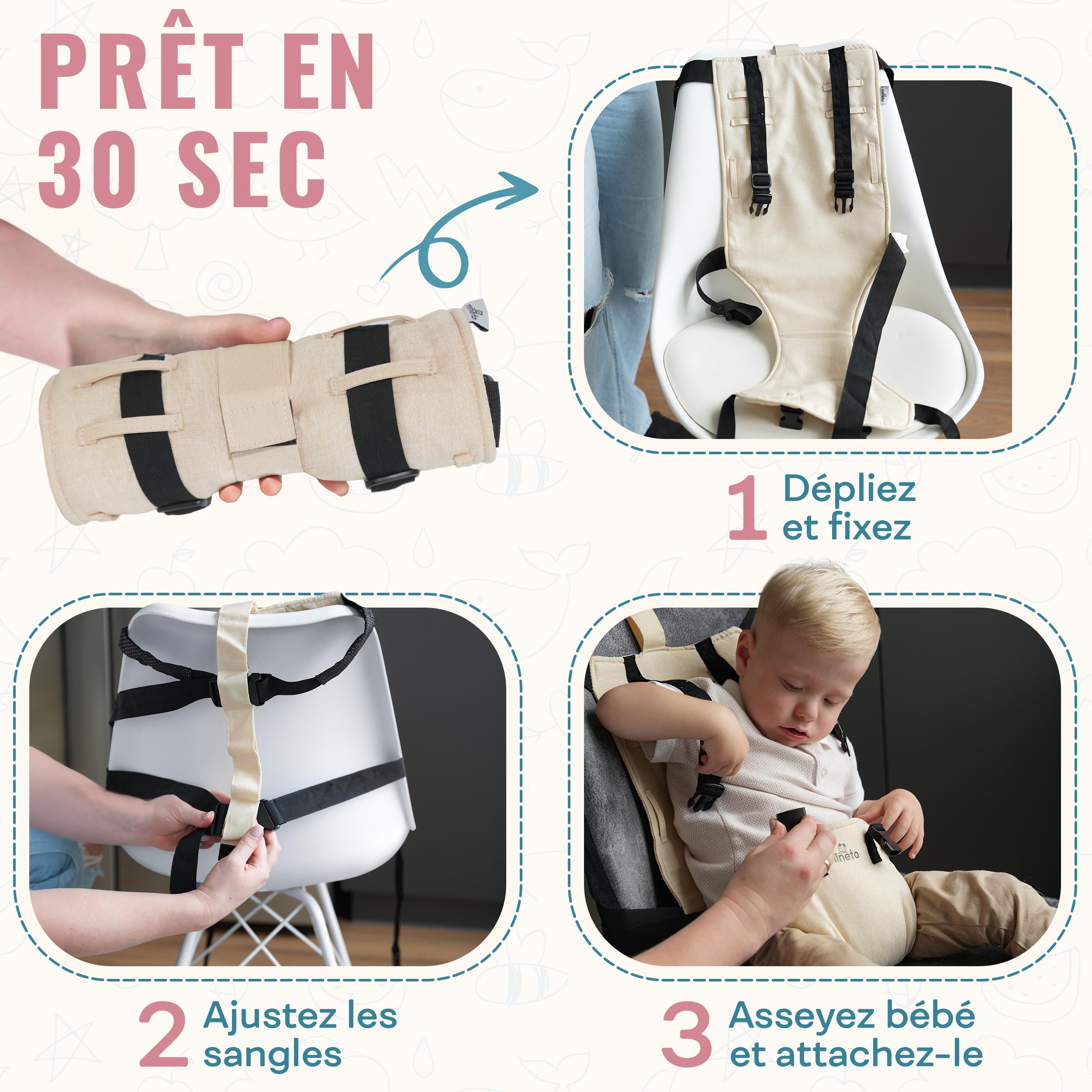 Mineto Chaise Nomade Bebe Portable Ultra-Légère, Harnais Sécurisé 3 Points, Rehausseur chaise enfant de voyage Facile à Transporter, Siege Bebe Assis de 6 Mois à 3 Ans, Lavable et Universel Beige