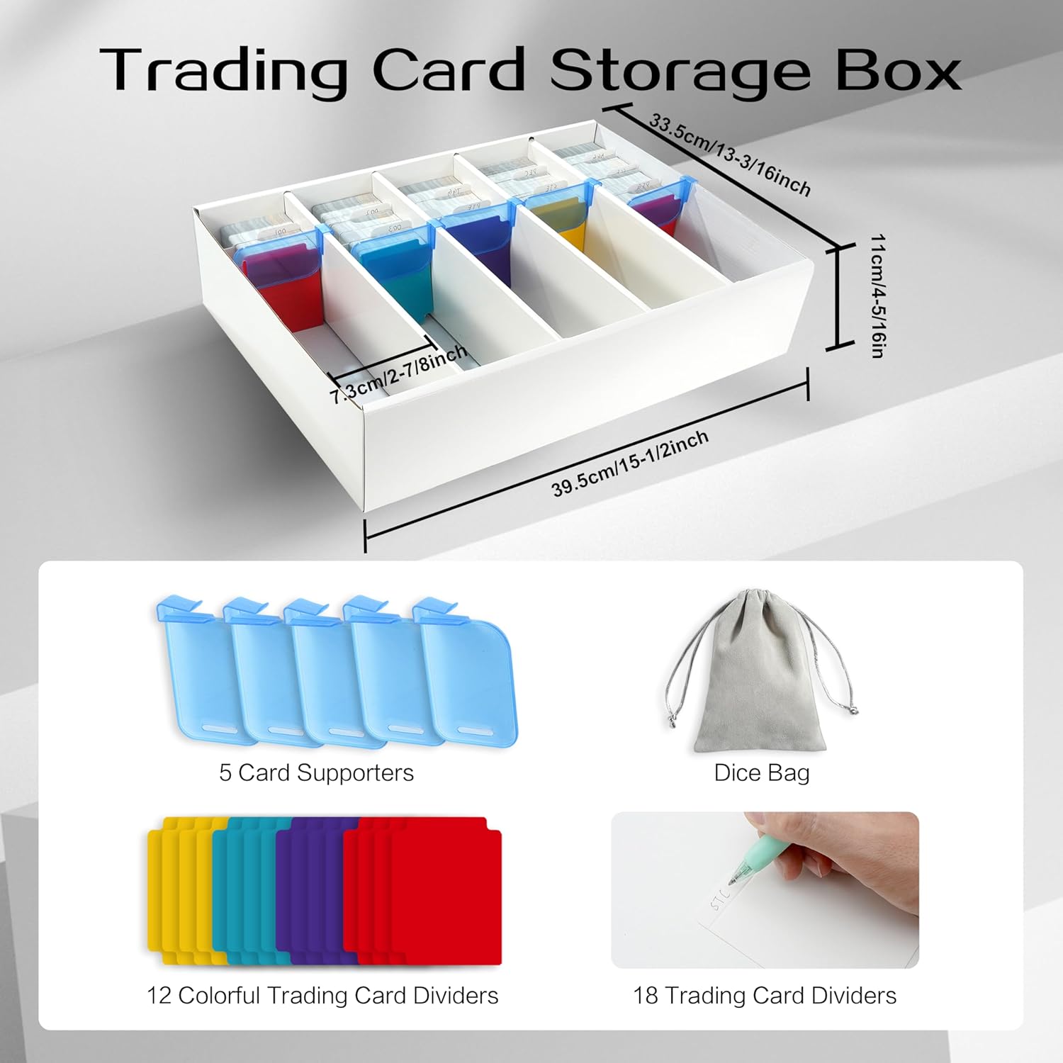 Aufind 5 Row Trading Card Storage Box, 12 Plastic & 18 Paper Dividers with 5 Supporters, Water-Resistant & Double-Layered Sports Card Case, 1 Drawstring Bag