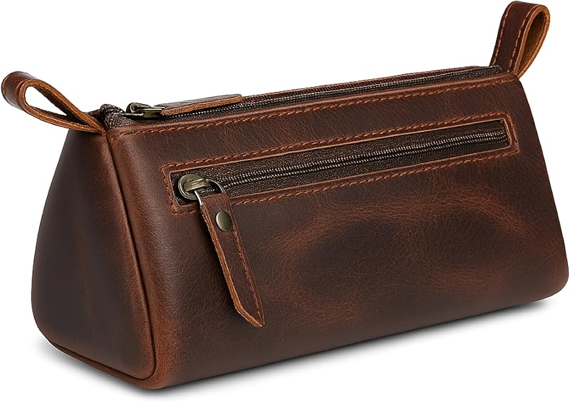 Necessaire TheAntiq de couro legítimo com zíper marrom, 20,32 x 7,62 x 7,62 cm, 1 unidade