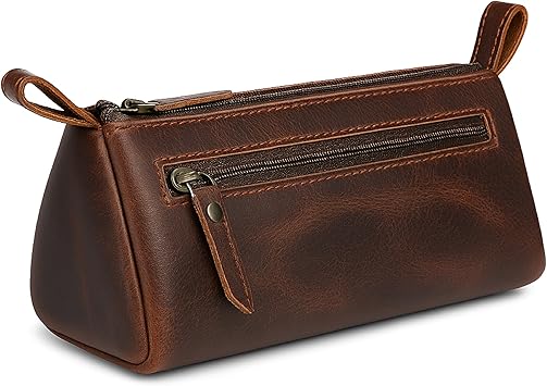 Leather Makeup Bag for Women – Genuine Leather Cosmetic Bag Travel, Handmade Zippered Makeup Pouch, Small Toiletry Bag, Shaving Kit & Stationery Organizer- Brown