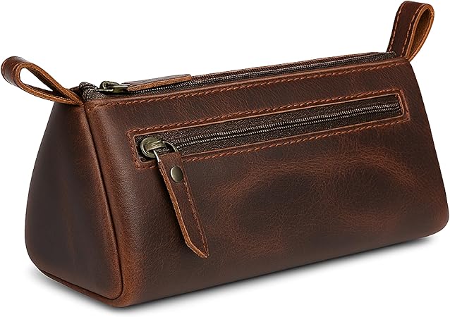 Leather Makeup Bag for Women – Genuine Leather Cosmetic Bag Travel, Handmade Zippered Makeup Pouch, Small Toiletry Bag, Shaving Kit & Stationery Organizer- Brown