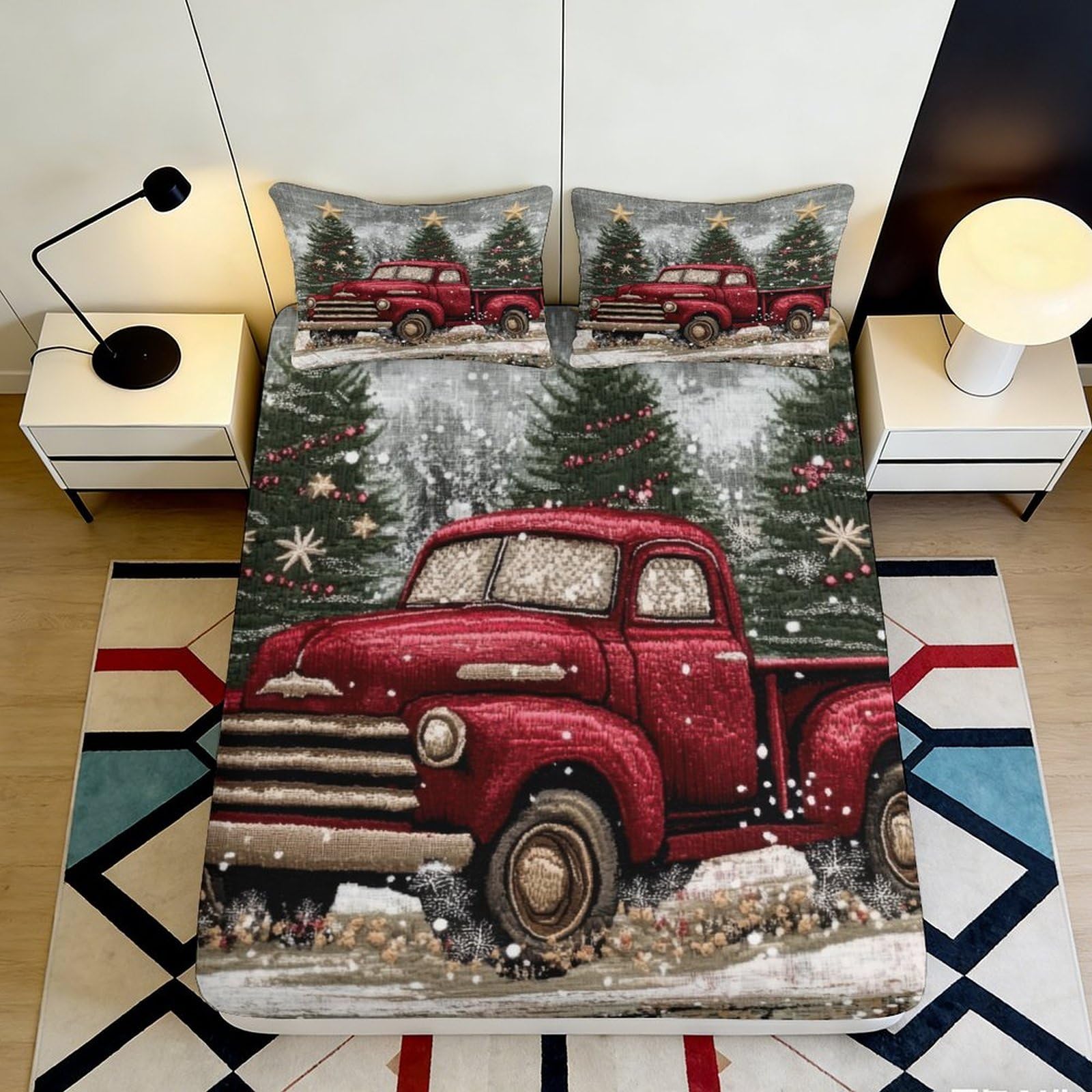 Jqzkxnhpbr Style-8 3D Printed Christmas Red Truck Fitted Sheet Microfiber Soft Winter Pine Tree Bed Cover For Bedroom Decor 90X200x25cm