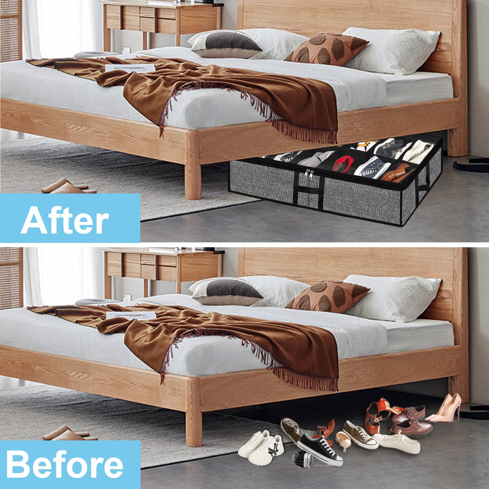 Set di 2 contenitori per scarpe sotto il letto, per armadio, per 24 paia di scatole per scarpe sotto il letto, con manici robusti e finestra trasparente, porta scarpiera pieghevole, nero