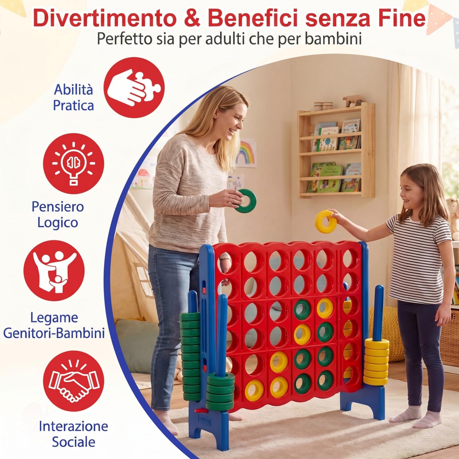 COSTWAY Forza 4 Gigante, Set Mega 4 in Linea per Bmabini e Adulti con 42 Anelli, Giant Connect Quattro di Fila da Esterno e Interno, Giocattolo Classico di Strategia in Plastica (Blu)