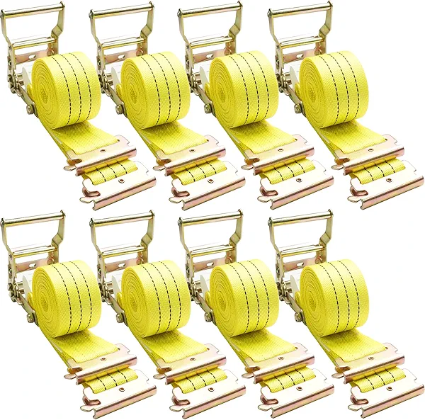 E Track Ratchet Straps Tie Down Strap (8-Pack), 2in×15ft Heavy Duty Tie Down Cargo Straps，4400 LBS Breaking Strength E Track Trailer Tire Straps for Tires Motorcycles Tailers Loads, Yellow.