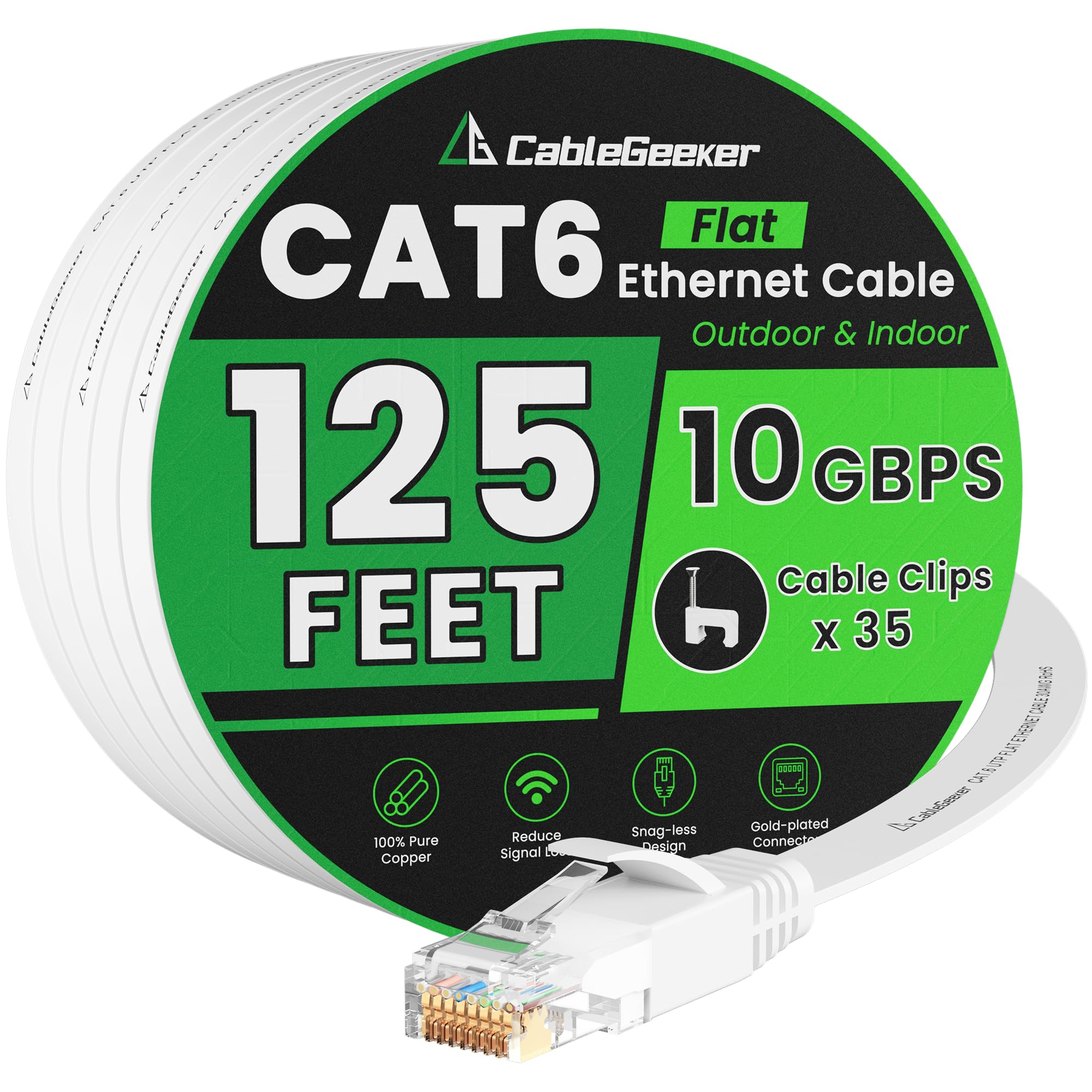 Câble Ethernet Cat 6 de 38,1 m, pour intérieur et extérieur, réseau Internet haut débit 10 Gbit/s, câble de raccordement Ethernet plat en cuivre pur, câble LAN pour ordinateur avec clips et sangles | 30 AWG OFC, 550 MHz, RJ45 plaqué or, design plat à prof