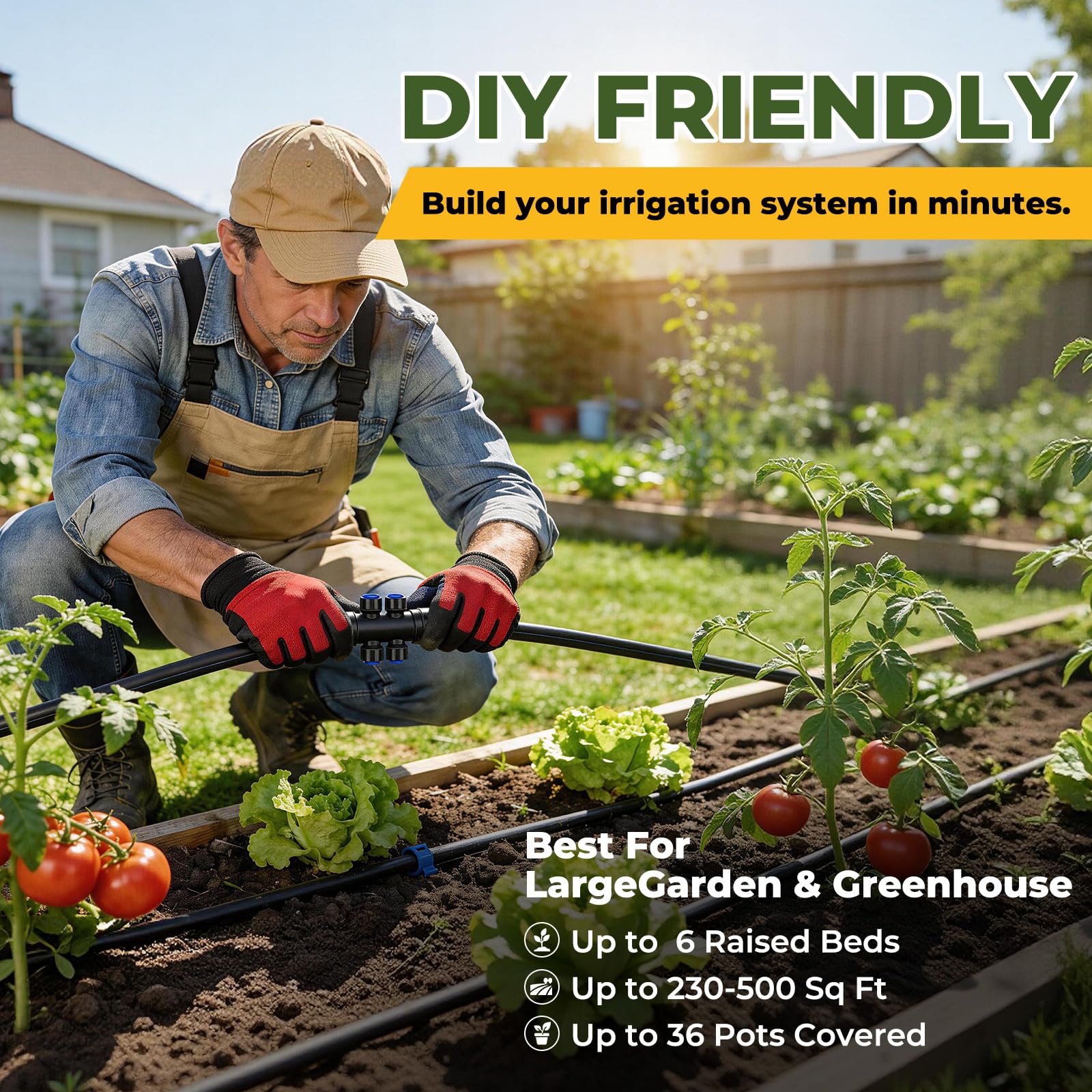 Kit di irrigazione a goccia da 60 m, sistema di irrigazione da giardino a connessione rapida, kit completo di irrigazione a goccia automatico con tubi da 1,3 cm e 0,6 cm, emettitori regolabili per