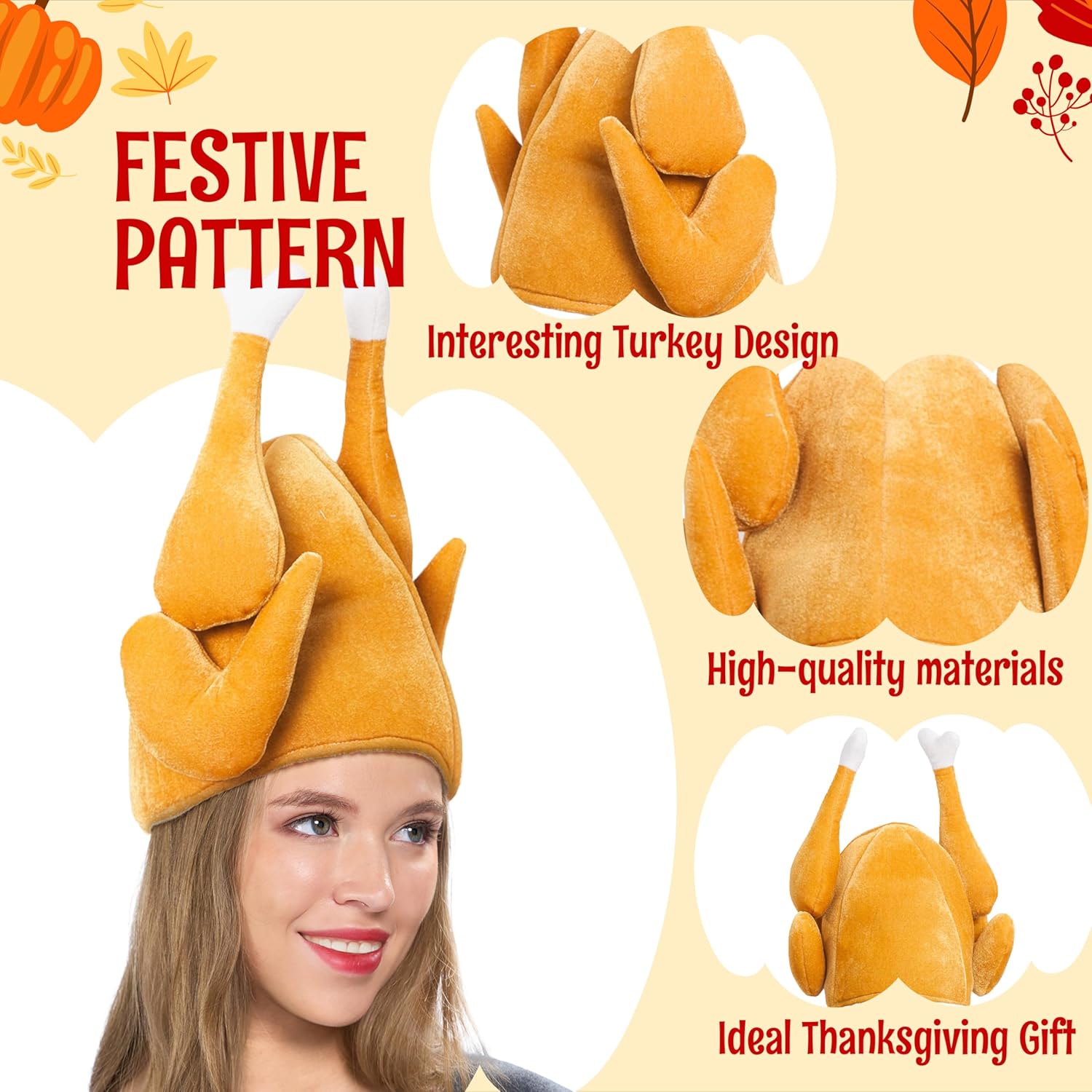 Spooktacular Creations 3 Pack Plush Roasted Turkey Hats for Thanksgiving and Halloween Costume Dress Up Party - Image 3