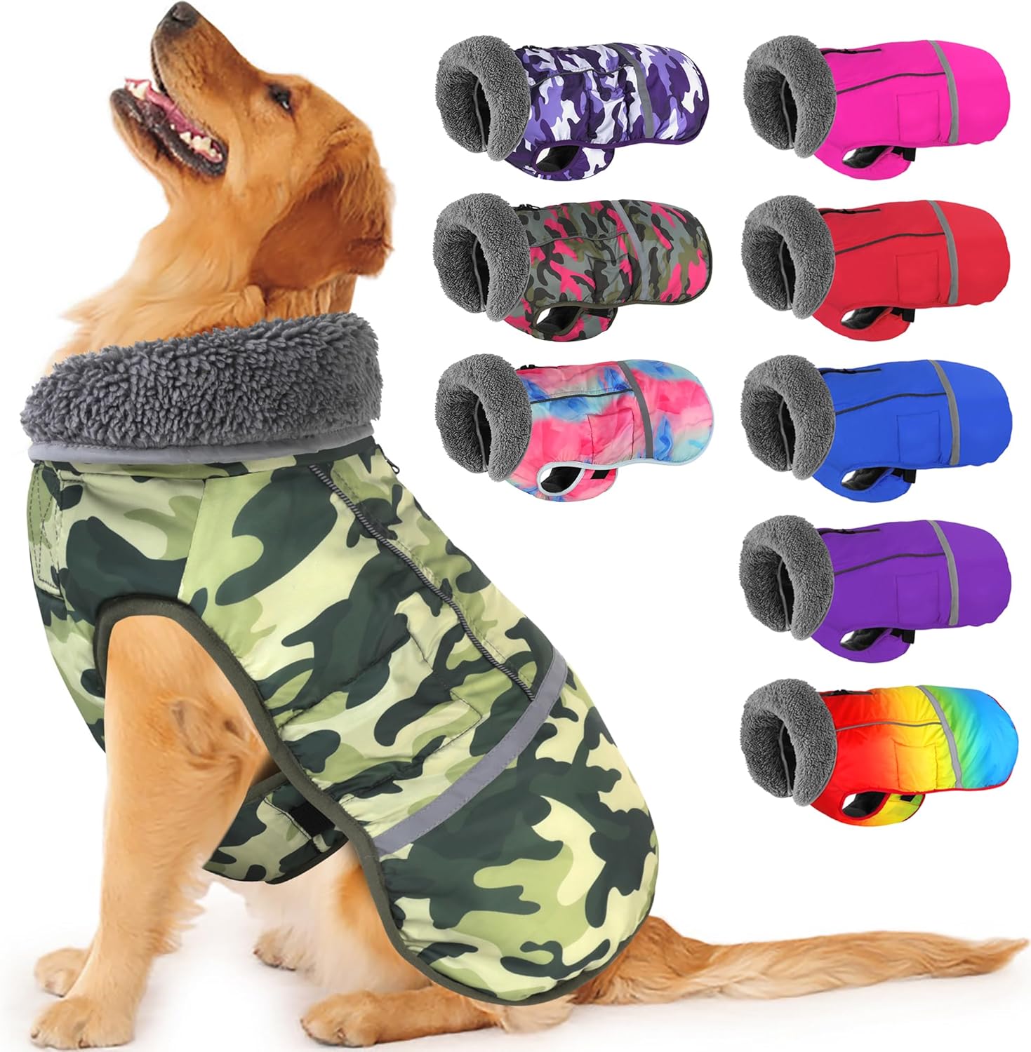 Dogcheer Warm Dog Coat, Waterproof Dog Jacket Reflective Adjustable Puppy Winter Coat with Buckle, Christmas Pet Snow Jacket Turtleneck Fleece Sweater for Small Medium Large Dogs- Camo Green, 3XL