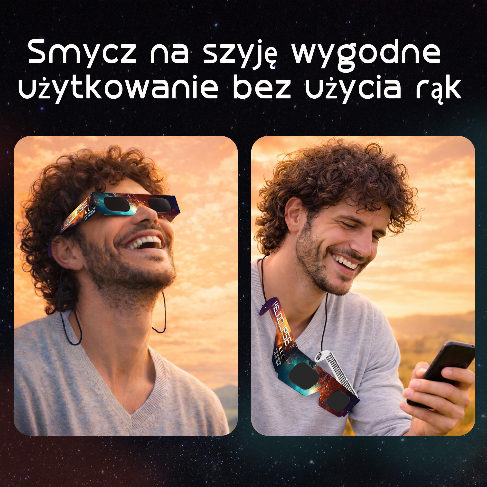 Okulary do oglądania zaćmienia Słońca Helioclipse 6 szt. 2026 - Przeznaczone do bezpiecznego oglądania zaćmienia Słońca - Zestaw 6 szt. - Bonus 1x filtr do telefonu