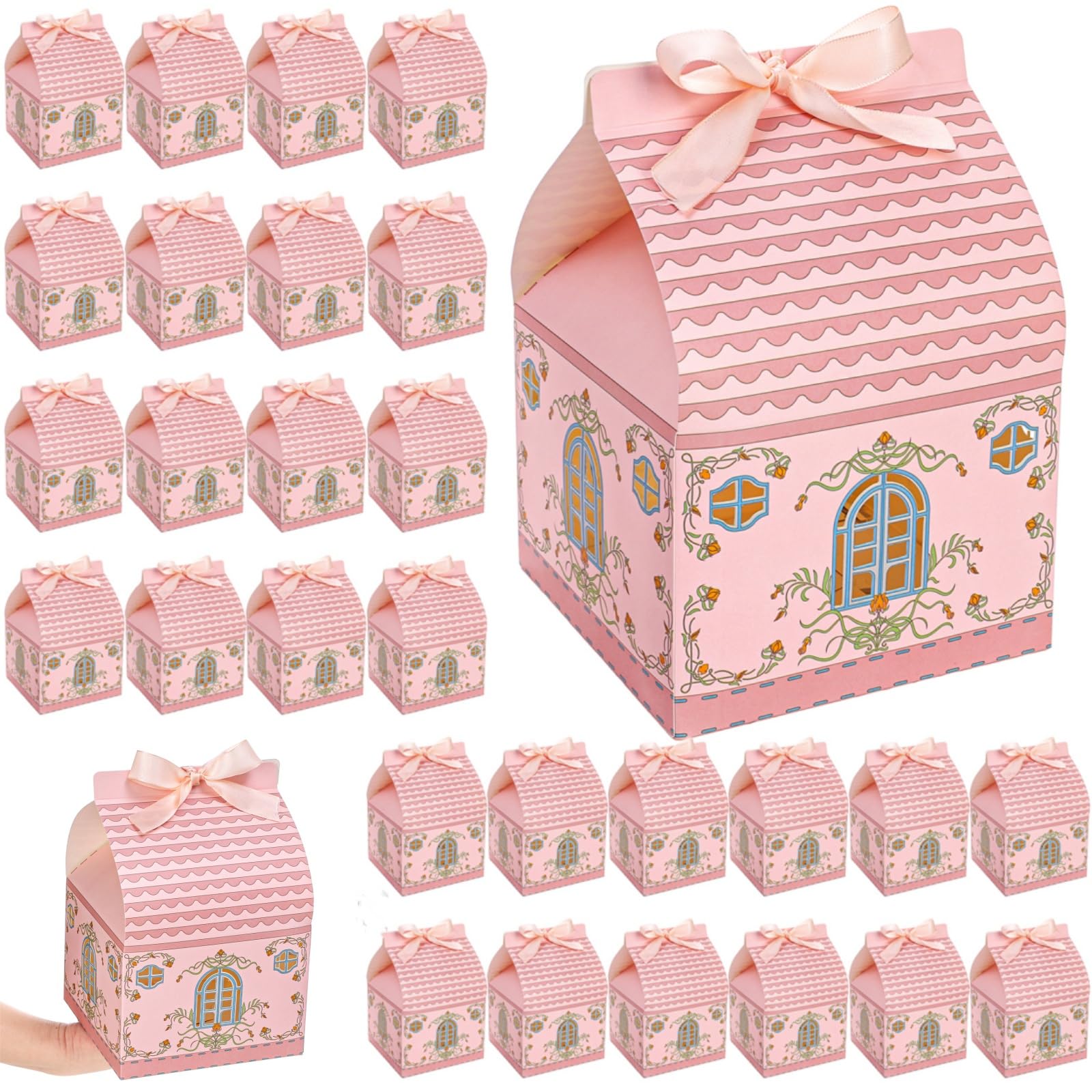 Covzoe 50 Pieces House Shaped Gift Boxes, Large Party Favor Treat Box with Handle Ribbons, 5.7 X 5.7 x 8.7 Inch Pink Gable Snack Goodie Cake