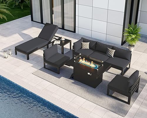 Miniatura 910 de NICESOUL 7 Piece White Powder-Coated Aluminum Patio Furniture with Fire Pit Table, 29 Inch Extra Wide Outdoor Sectional Sofa for 6, High-End Heavy
