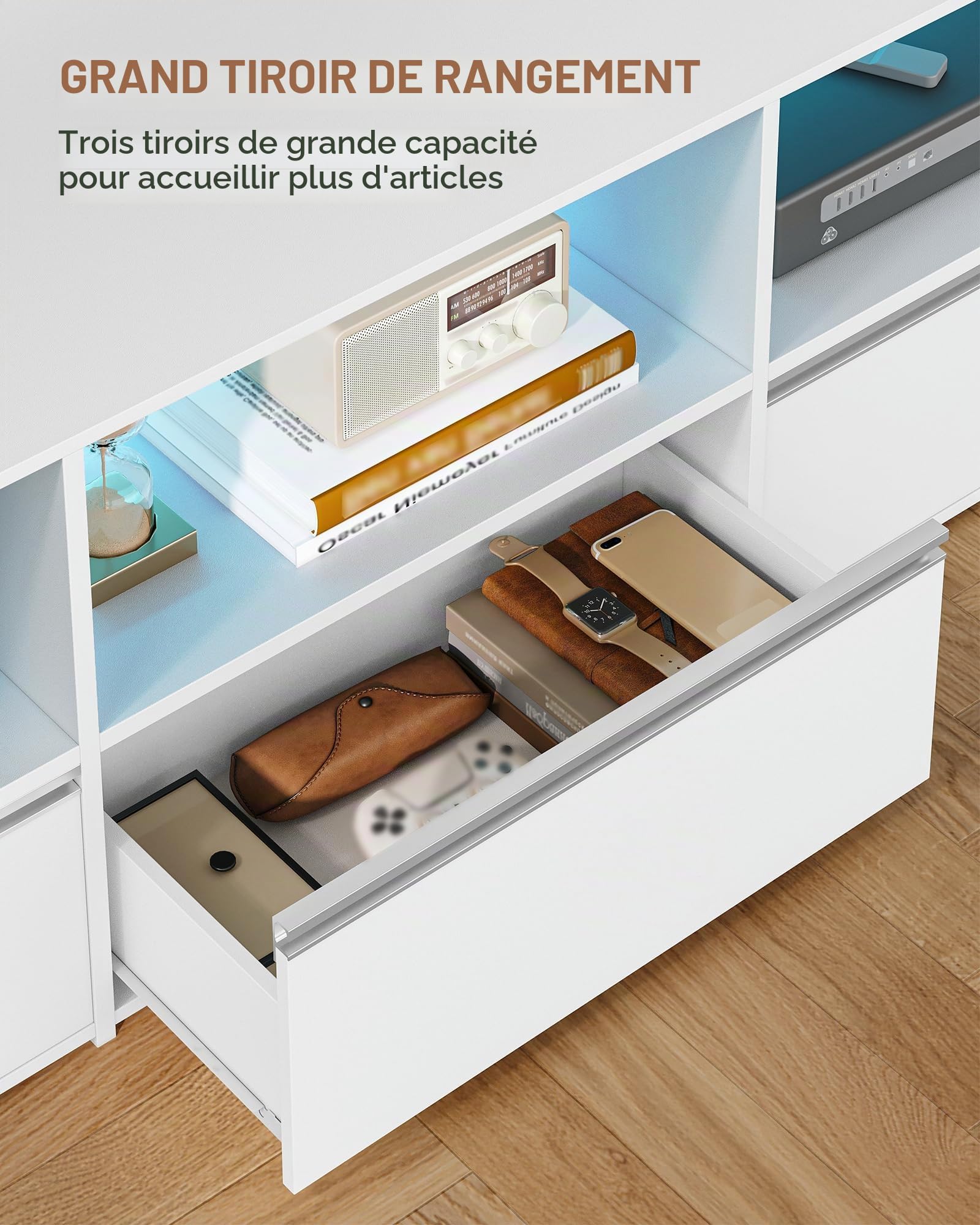 Hzuaneri Meuble TV avec LED RGB, Blanc, 180 cm de Long Banc TV | Adapté aux TV de 80 Pouces et Moins, Doté de 3 Tiroirs et d'un Range Ouvert, Idéal pour le Salon, la Chambre, TV18703WEU