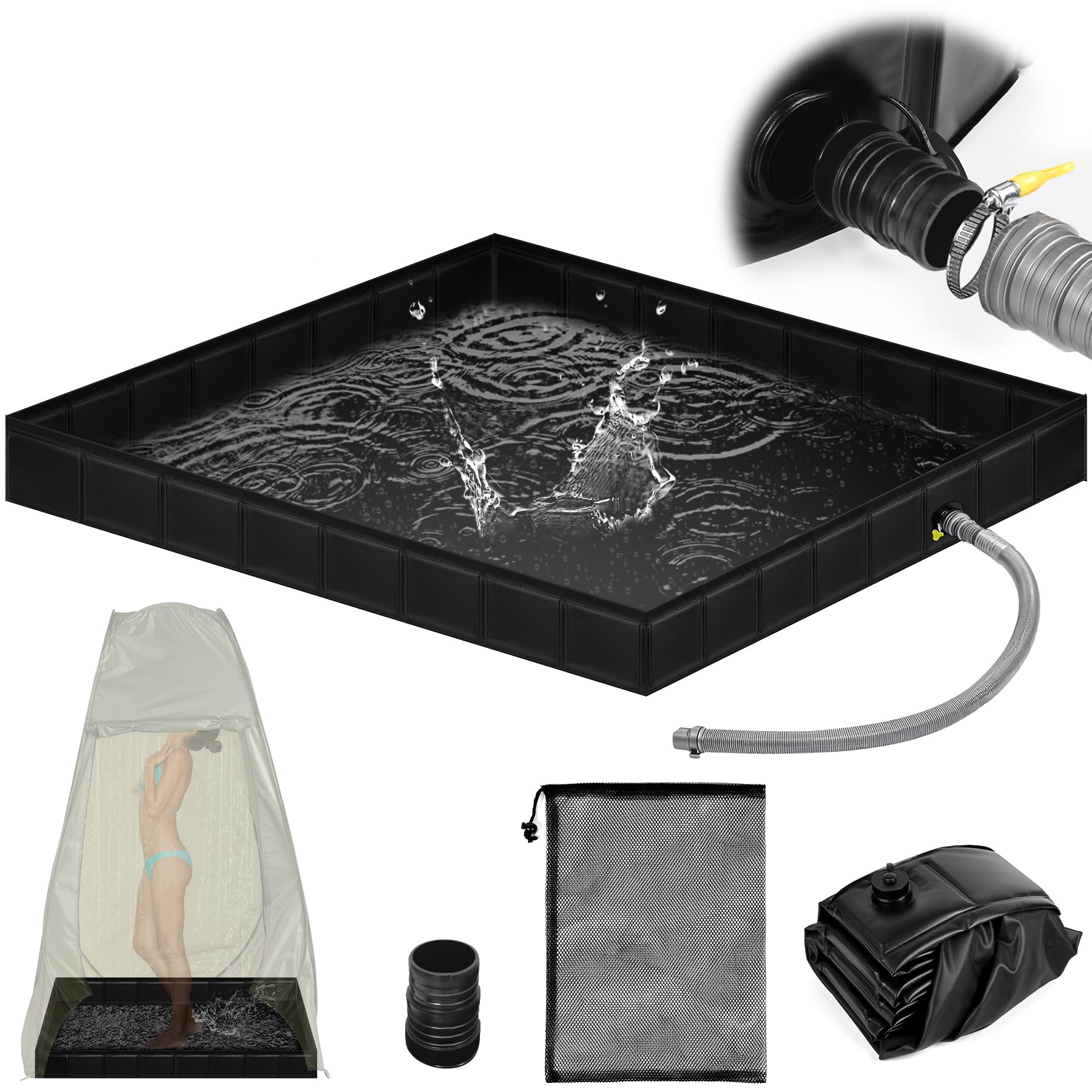 Upgraded Portable Shower Pan 41″x41″x5″ – Heavy-Duty Non-Slip Base with Drain Hole & Mesh Storage Bag | Collapsible Camp Shower Tray for RV, Beach, Glamping | Leakproof Outdoor Bath Floor