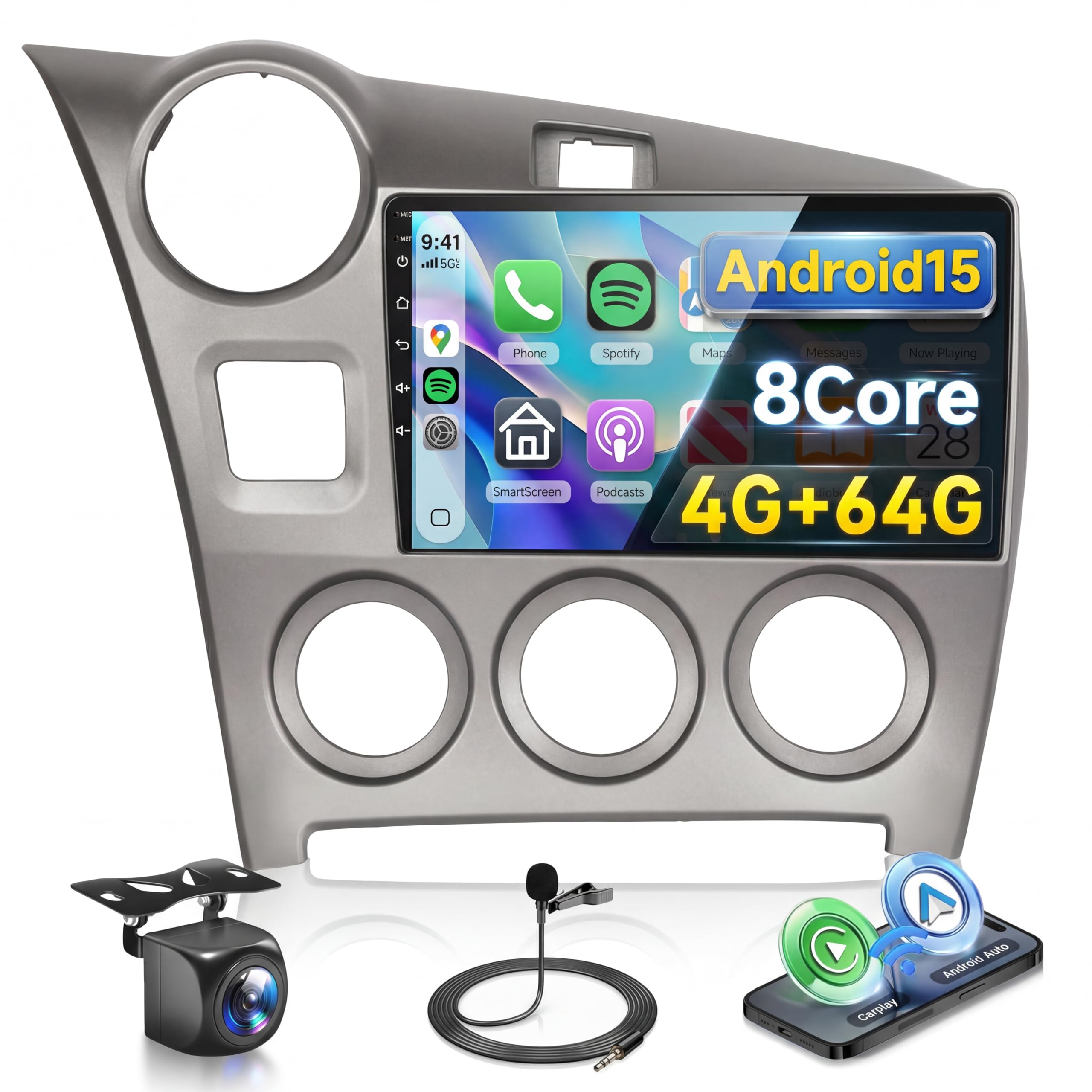 5/6GhzWiFi 8 Core 4G+64G for Toyota Matrix 2009-2014 Car Stereo with Android 15 Radio 9 Inch IPS Touchscreen Carplay/Android Auto /5.0Bluetooth/GPS FM