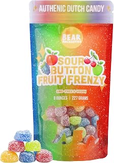 Bear Necessities Sour Buttons – Variety Mix Fruit Frenzy Dutch Candy | Tart & Sweet Sour Gummies Made in the Netherlands | Cherry, Peach, Apple & Blue Raspberry Flavors, Soft Texture & Sugar Coating | Gourmet Candy Treat – 8 Ounce Bag
