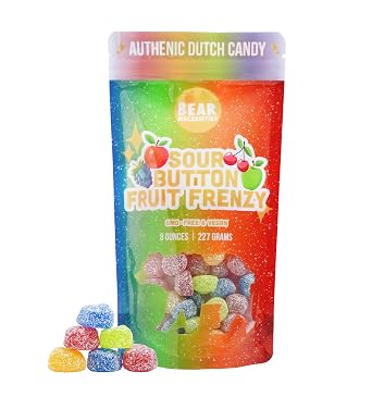 Bear Necessities Sour Buttons Variety Mix Fruit Frenzy Dutch Candy | Tart & Sweet Sour Gummies Made in the Netherlands | Cherry, Peach, Apple & Blue Raspberry Flavors, Soft Texture & Sugar Coating | Gourmet Candy Treat 8 Ounce Bag