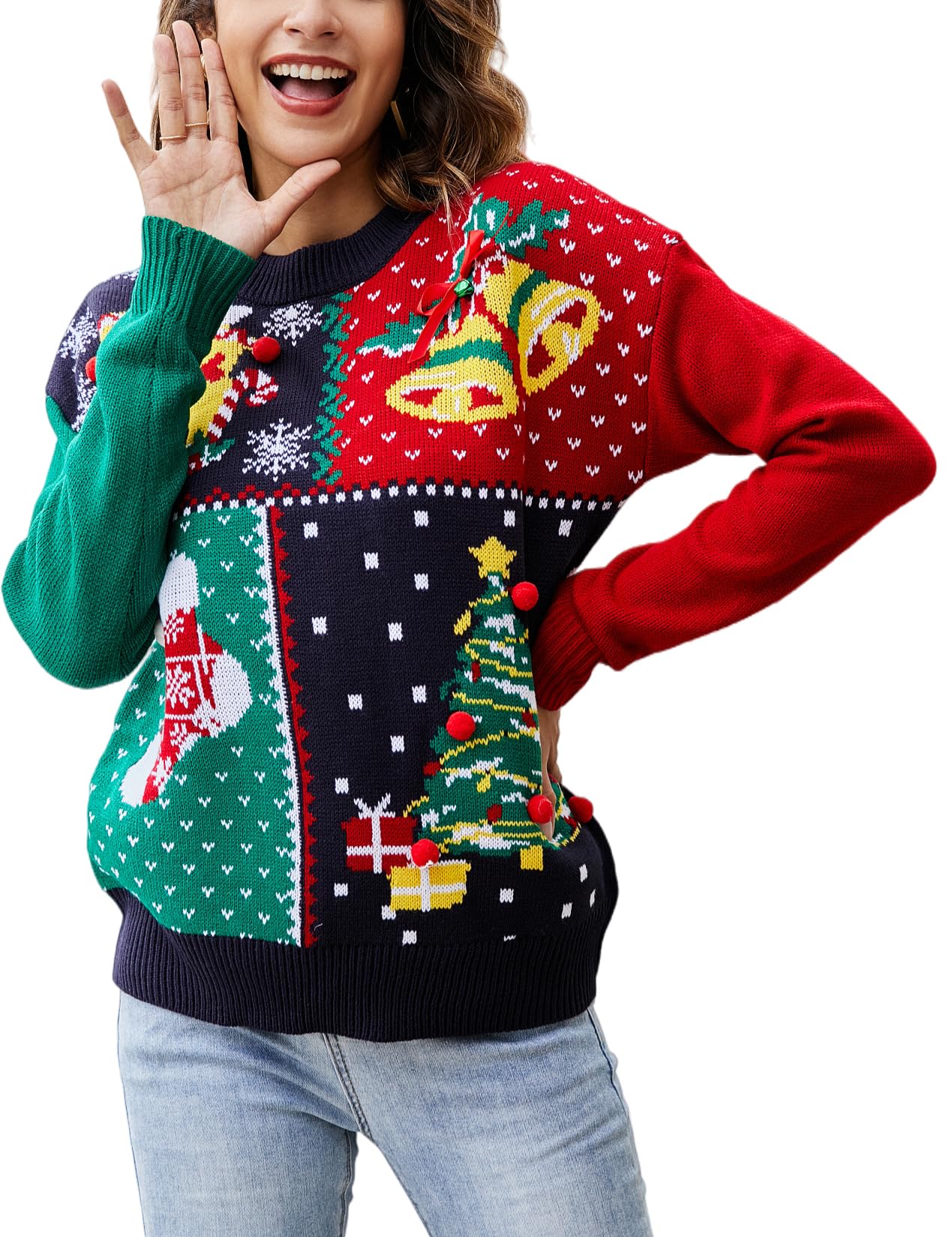 Velius Women Long Sleeve Ugly Pullover Funny Christmas Elk Tree Party Sweater