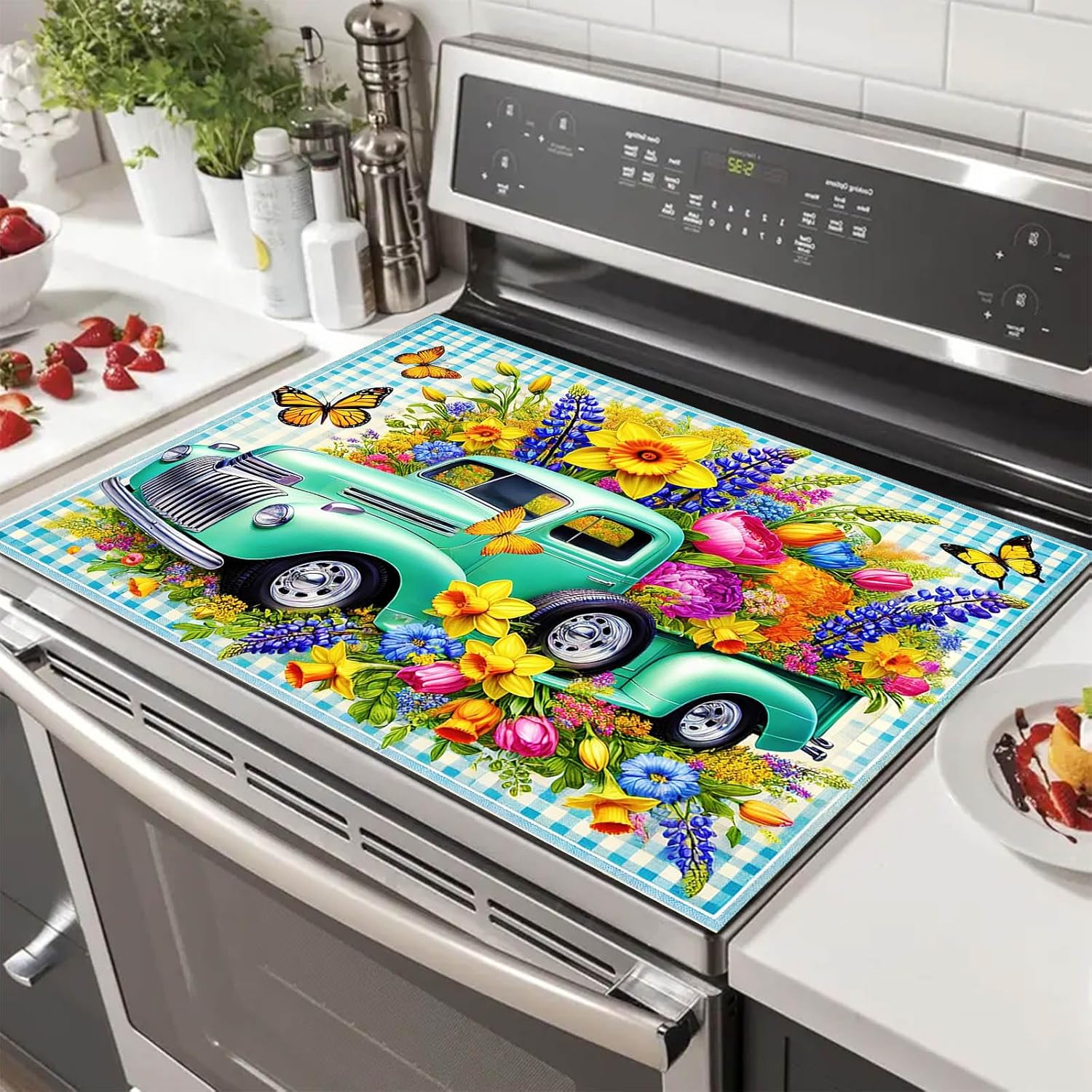 HOMETITUTE Spring Stove Top Covers for Electric Stove 28x20 Inches Truck Heat Resistant Glass Cooktop Protector Pad Decorative Stovetop Cover Dish Drying Mats for Kitchen Countertop Coffee Bar Decor