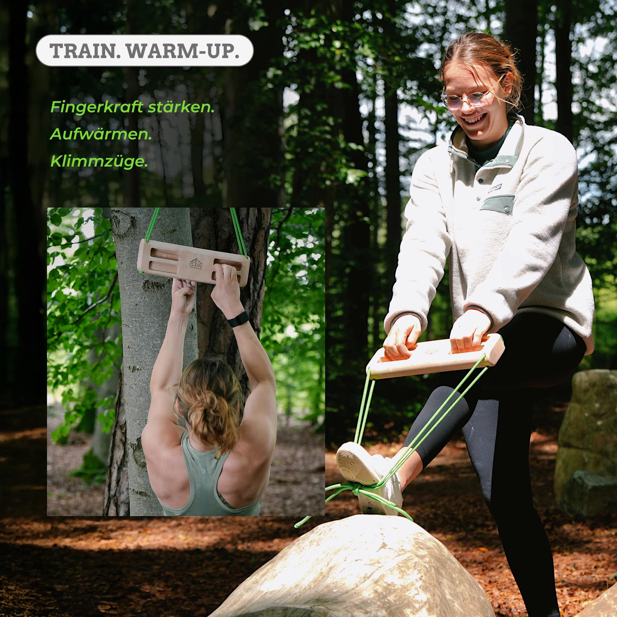 CLEVO - Hangboard Compact für Fingerkraft Training – Tragbares Fingerboard Holz – Kompaktes Kletterboard für Bouldern & Klettern unterwegs – Trainingsboard mit Seilaufhängung & Griffdesign