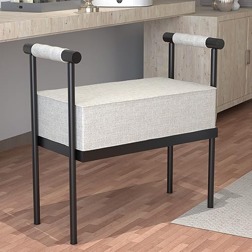 Moderno asiento de banco tapizado, banco otomano con reposabrazos, banco de entrada, taburete de sala de estar con marco de metal resistente,