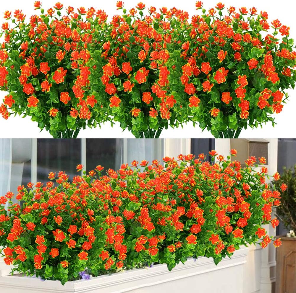 24 Bundles Outdoor Artificial Flowers UV Resistant Fake Boxwood Plants, Faux Greenery for Indoor Outside Hanging Plants Garden Porch Window Box Home Wedding Farmhouse Décor (Orange Red)
