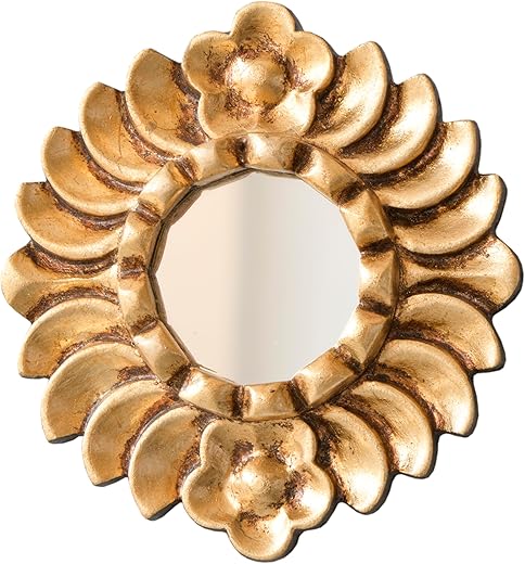 Handmade Small Gold Round Mirror 6in | Peruvian Hand-Carved Wood Hanging Mirror with Gold Leaf Finish for Wall Decor (Gold)