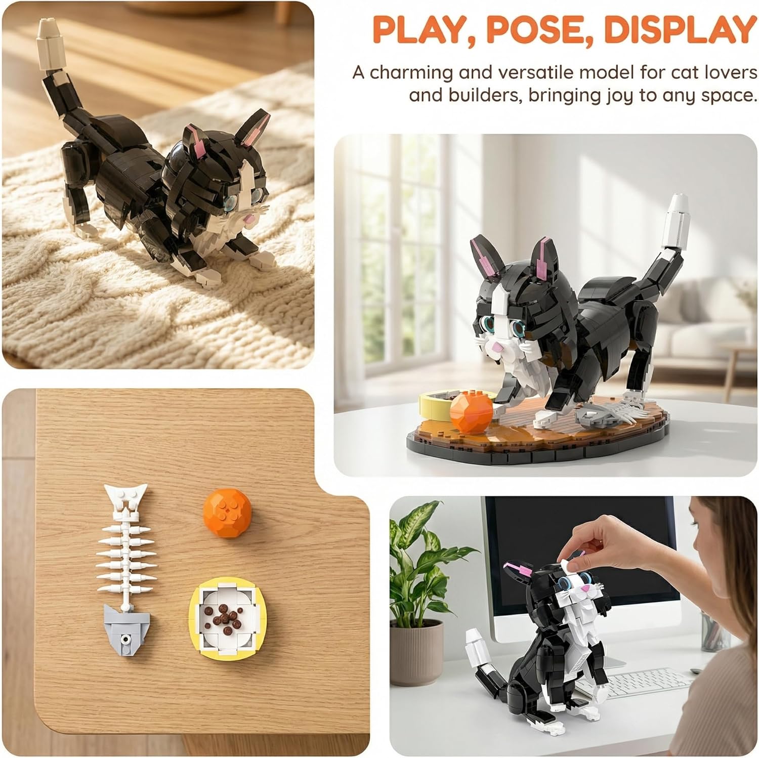 Xbert 1200PCS Tuxedo Cat Building Block Sets, Playable Cats with Fish Bone,Cat Food, Ball Toy, Animal Figurines Home Desk Decor for Adult&Teen, Gifts for Cats Lovers