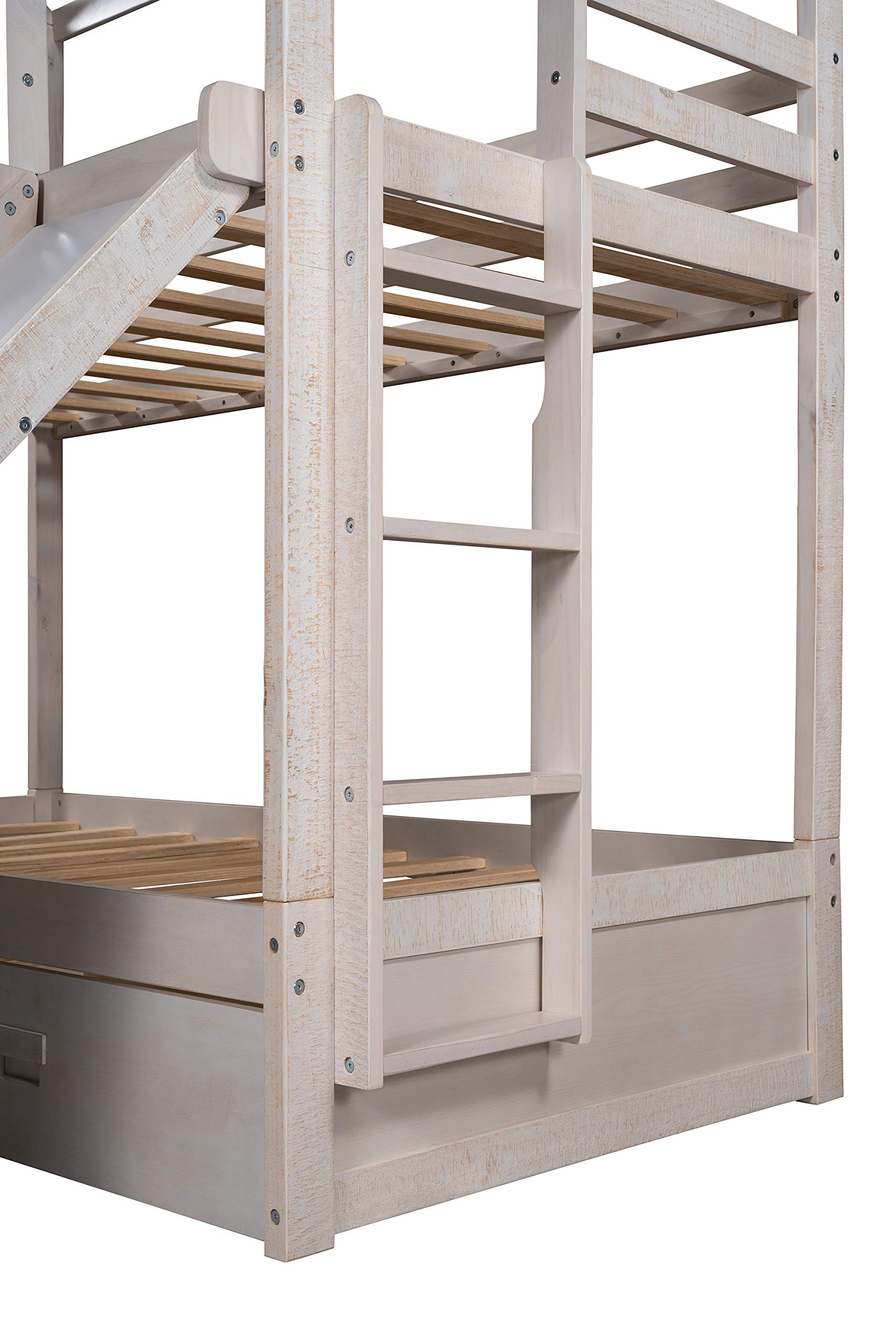 KLMM Low Bunk Bed for Kids Toddlers, Twin Over Twin Bunk Bed with Slide