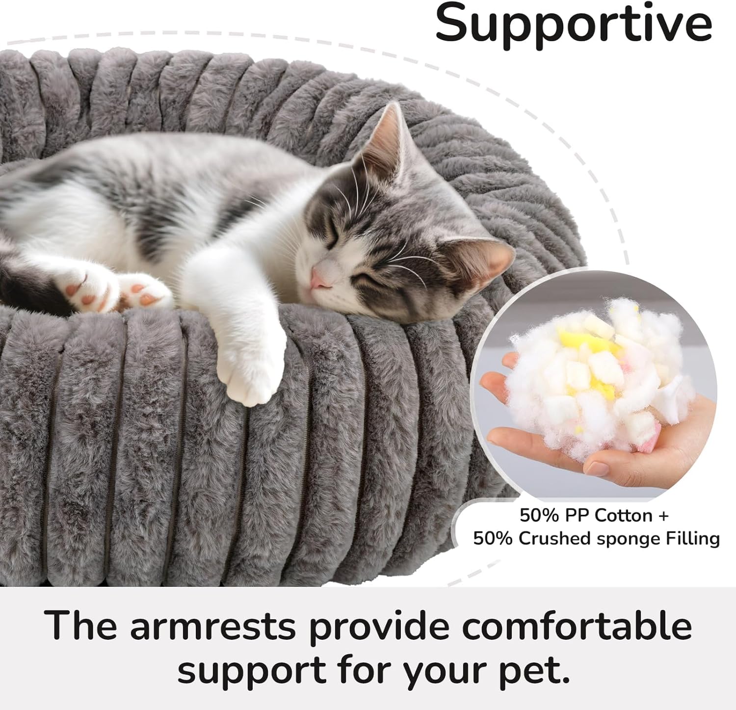Cat Bed for Indoor Cats, 20 inch Calming Cat Bed with Ultra Soft Plush, Machine Washable Round Anti-Anxiety Pet Bed for Kittens & Small Dogs, Grey