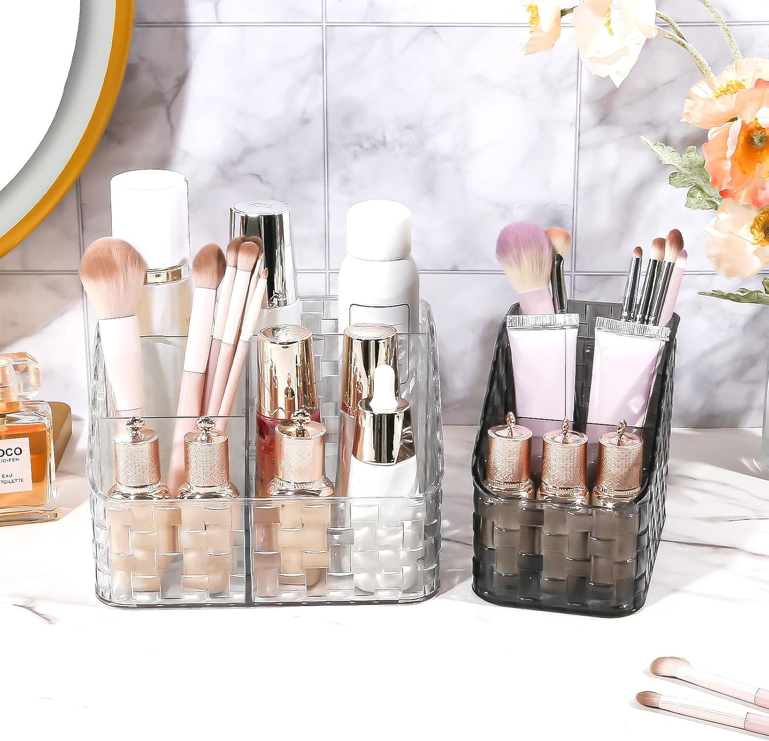 DASITON Makeup Brush Holder Organizer, 4 Slots Acrylic Makeup Brushes Storage Cup, Woven Texture Make Up Brush Holder for Vanity Bathroom Office, Pen Holder for Desk, Cosmetic Display Cases (Clear L)