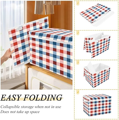Miniatura 5 de Ollabaky Caja de almacenamiento plegable patriótica del 4 de julio a cuadros más grande de tela, caja de almacenamiento decorativa, organizador de
