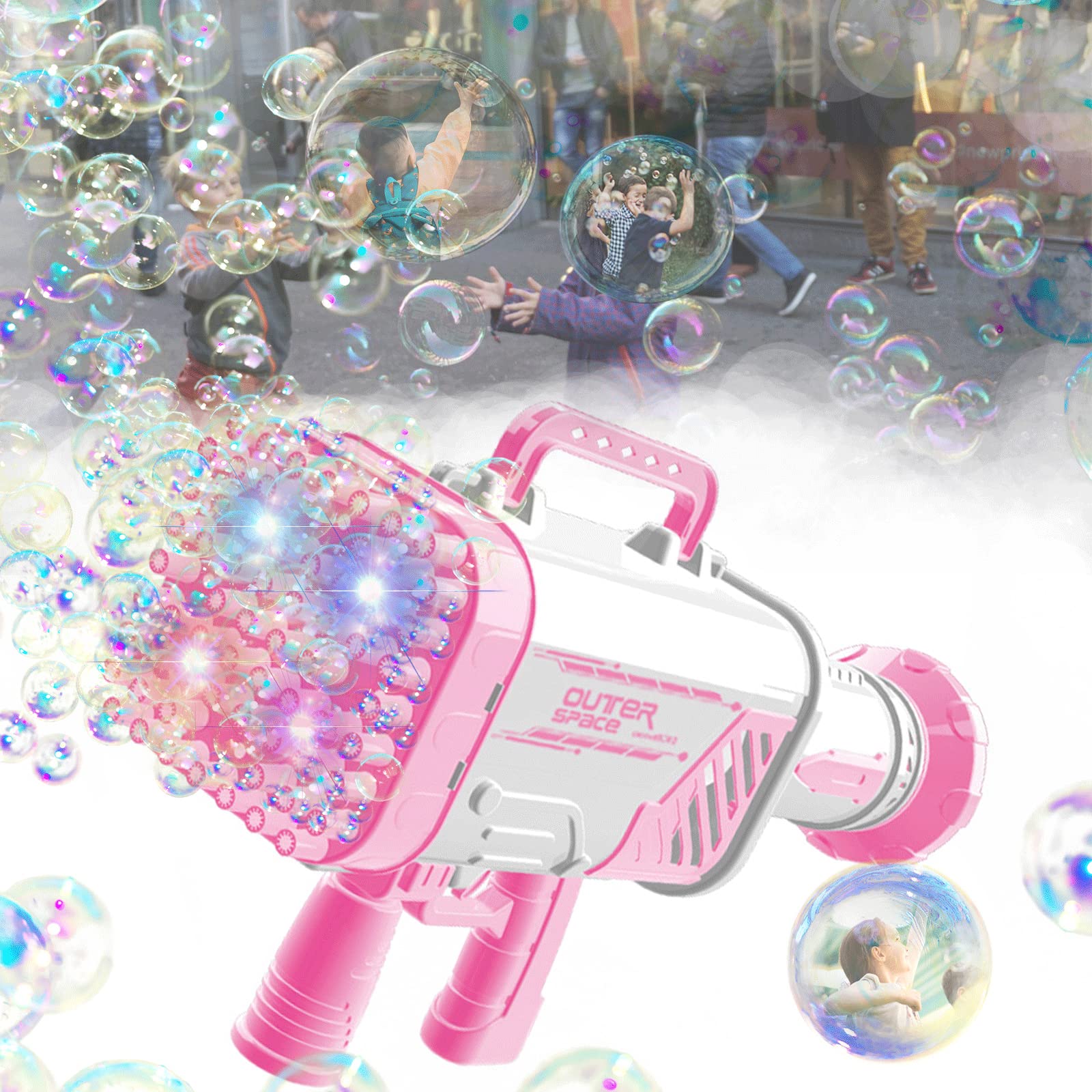 64-Hole Gatling Bubble Gun, Rocket Launcher Bubble Machine Gun, Blows Out Thousands of Bubbles per Minute, Suitable for Children and Adults, Perfect for Indoor and Outdoor Birthday Parties.