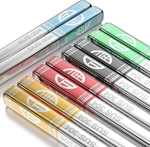 GOESCHANGE 5 pares de palillos de metal, reutilizables, acero inoxidable 188, aptos para lavavajillas, para cocinar y comer, juego de regalo