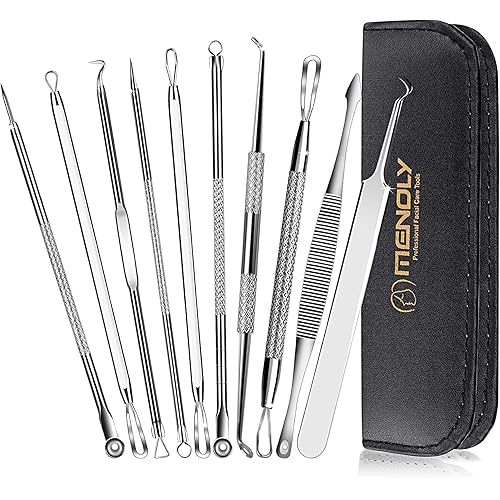 MENOLY Pimple Popper Tool Kit 10 Pcs Blackhead Remover Tool Zit Popper for Blemish, Pimple Comedone Extractor Acne Tool for Blackheads, Acnes, Whiteheads Nose Face with Leather Bag