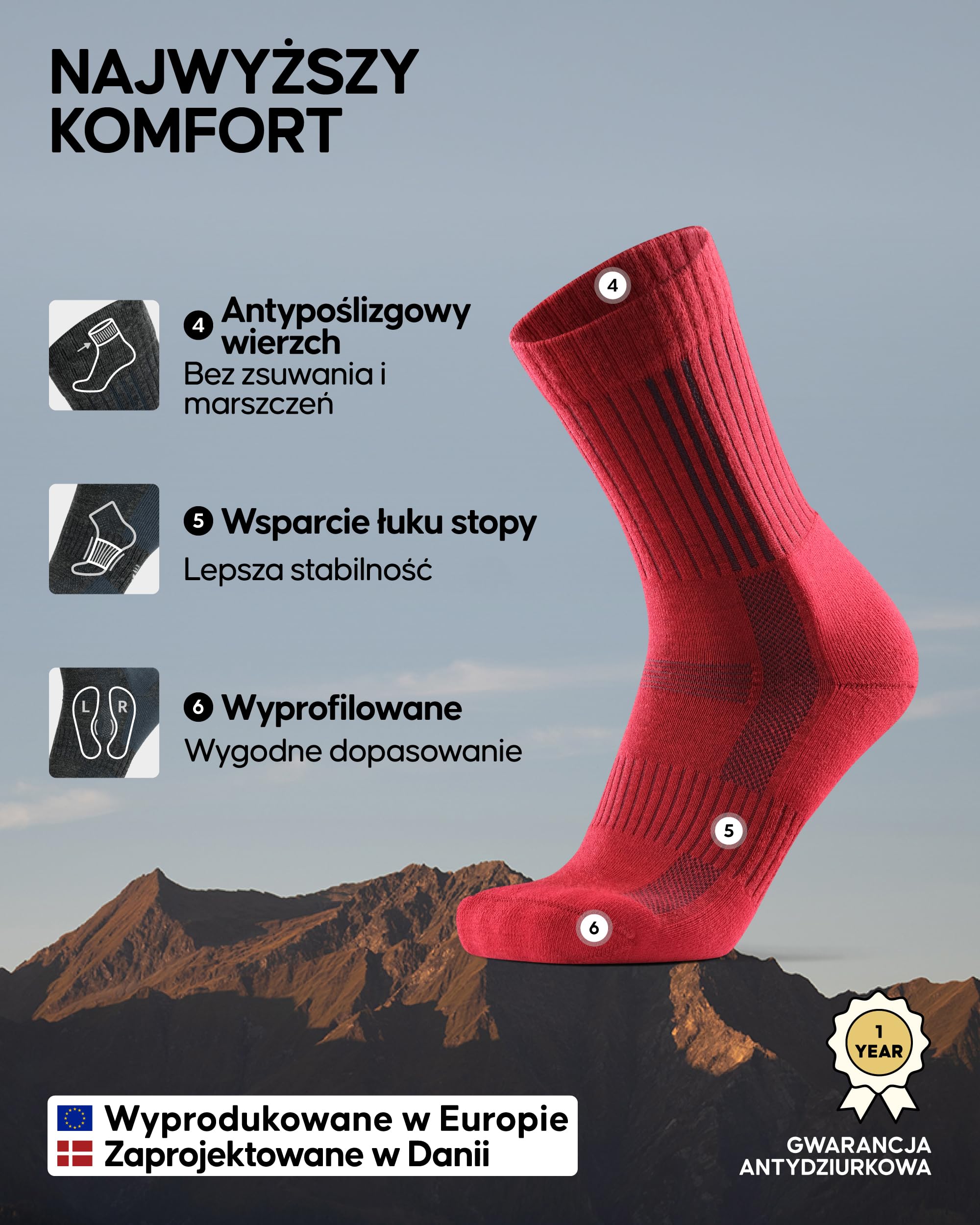 DANISH ENDURANCE Skarpety Trekkingowe Premium, Wełna Merino, Skarpety do Wędrówek, Damskie i Męskie 2-Pak