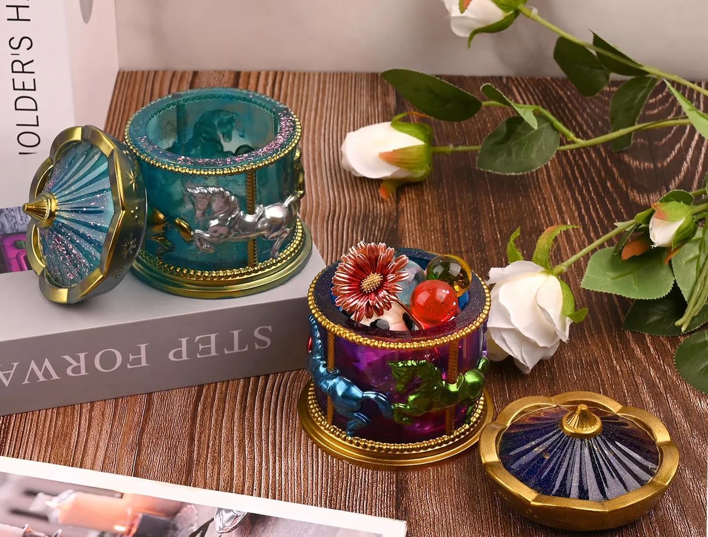 Carousel Box Resin Mold with Lid Trinket Holder Jar Silicone Mold Jewelry Ornament Storage Box UV Epoxy Resin Casting Mold for DIY Jewelry Display Box Candle Holder