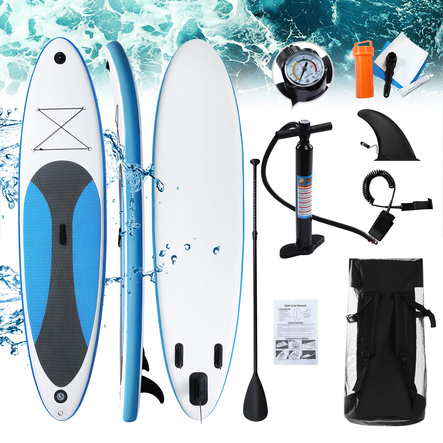 Tavola da Surf, Tavola Gonfiabile Spessa da SUP, Stand Up Paddle Board Gonfiabile, Set per Tavola da Surf con Pompa Pagaia Regolabile Accessori Completi, Blu e Bianco (300x76x10cm)