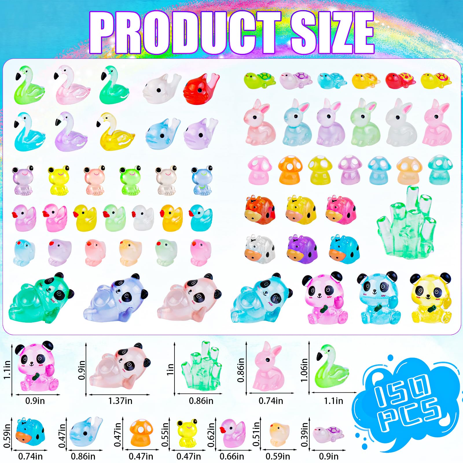 gyoyede 150pcs Luminous Mini Resin Animals,Tiny Animals Glow in The Dark Miniature Resin Animal Figures Bulk,Mini Panda Duck Dolphin Rabbit for Fairy Garden Micro Landscape Aquarium Dollhouse Decor - Image 2