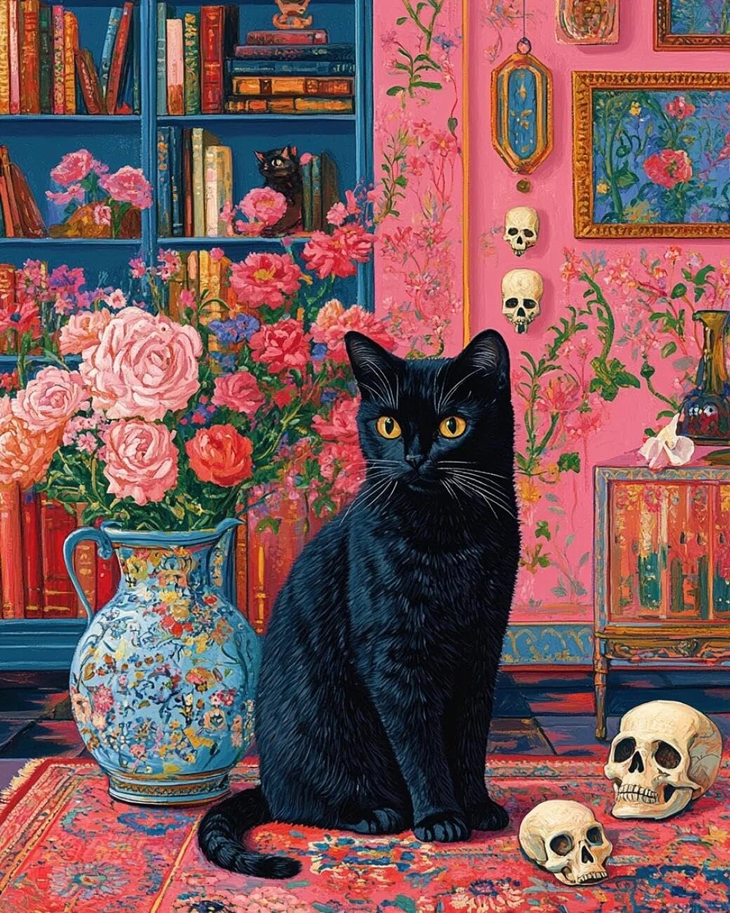 Kits De Punto De Cruz Con Cuentas Y Tela Estampada Gato Negro De Dibujos Animados Kit De Bordado Con Cuentas Y Punto De Cruz (Diy)，Imágenes Bordadas，Pintura Con Abalorios 3D，Kits De Pun 9CT 40x50cm