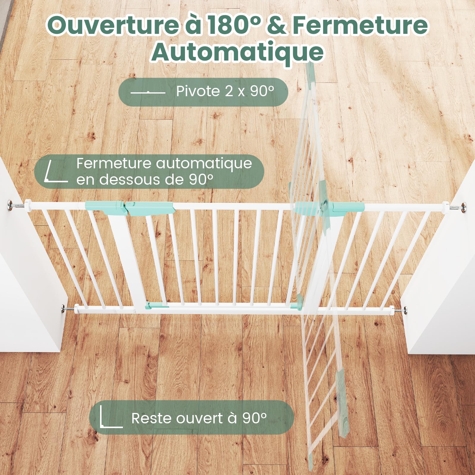 DREAMADE Barriere de Securite Enfant et Animaux sans Perçage 80-132CM avec Extension et Kit de Montage,Barrière d'Escalier à Fixation par Pression avec Fermeture Automatique,Cadre Métal (Blanc)