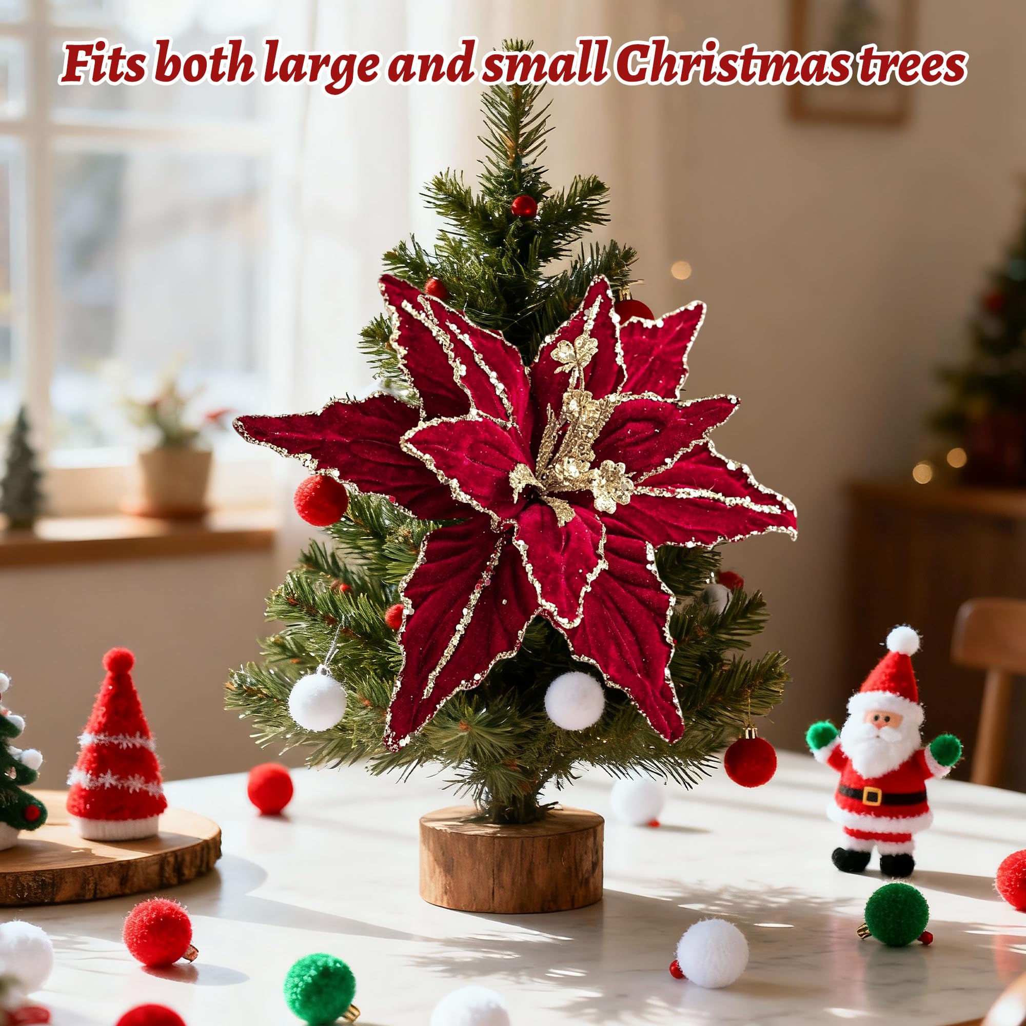 WANDIC 8X künstliche Weihnachtsblumen – Poinsettia 28cm | 8 künstliche Weihnachtsstern-Blumen mit Glitzer (28cm). Ideal als Baumschmuck, Kranzdeko oder Tischdekoration.