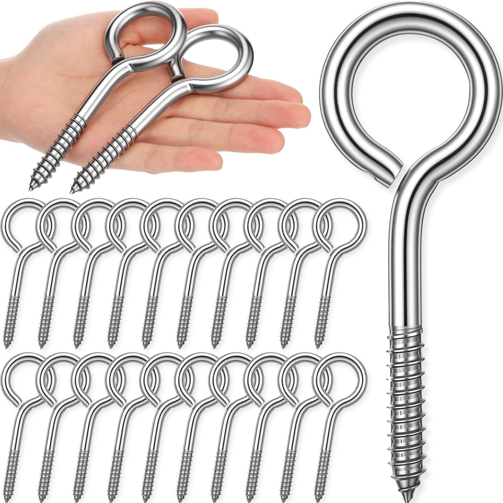 20 Pcs 304 Stainless Steel Screw Eye Hooks, M10-5 Inch