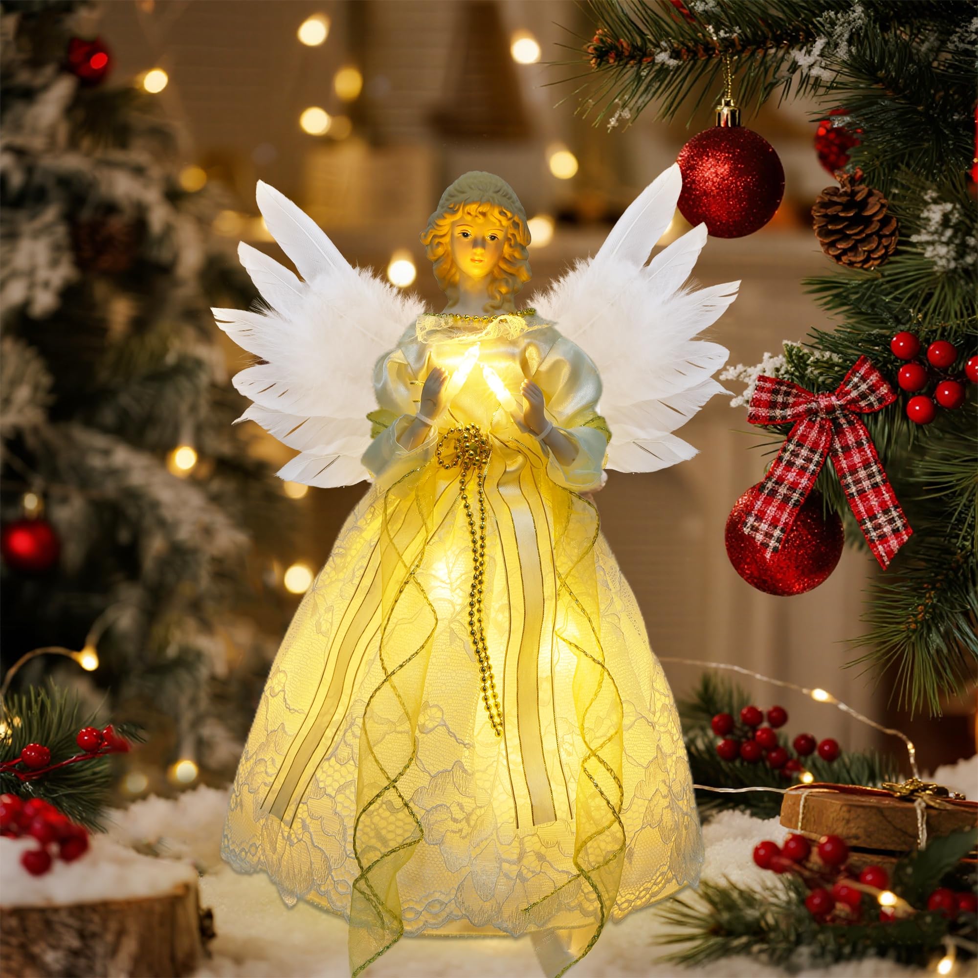 YOFIT Decoración para árbol de Navidad de ángel iluminado de 12 pulgadas, funciona con pilas con luces LED blancas cálidas, adornos de ángel para decoración de árbol de Navidad, decoración navideña