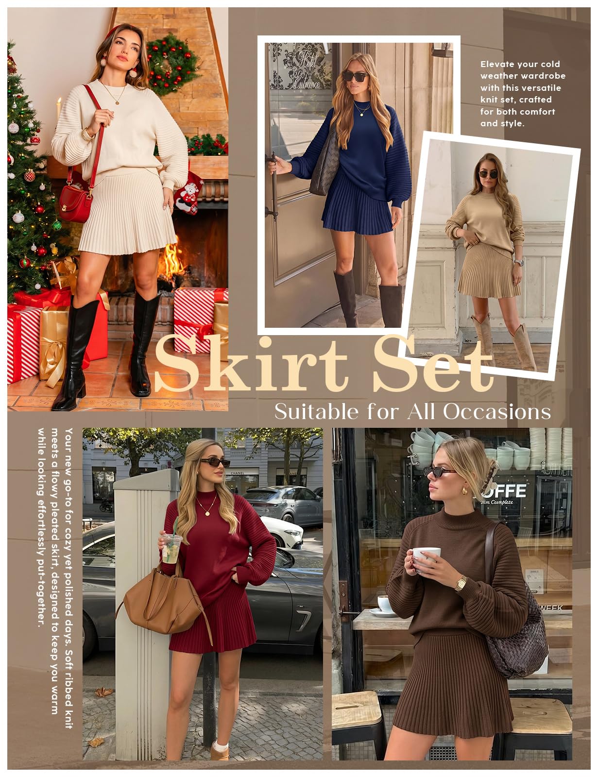 Zweiteiler Damen Strick Pullover Sets Herbst | Strickpullover Top A-Linie Minirock Set , Oberteil Langarm, Hohe Taille Kurz Rock, Loungewear Set, Hausanzug, Herbst, Winter