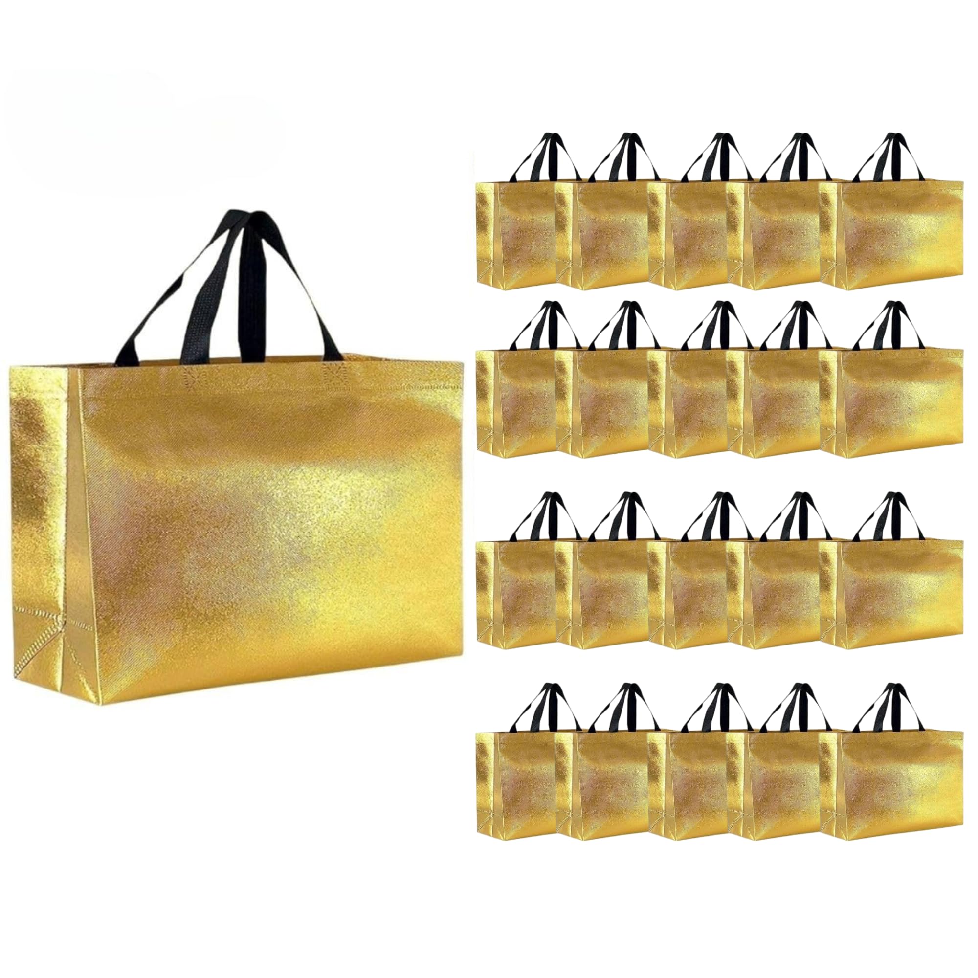 Evafly Gift Bag Medium Size Pack of 20 : L17 x W5 x H12 inch|Resuable Non-Woven Shiny Metallic Laminated|Haldi Return Gifts, Jute Bags for Return Gift,Return Gift For Birthday - Large Golden
