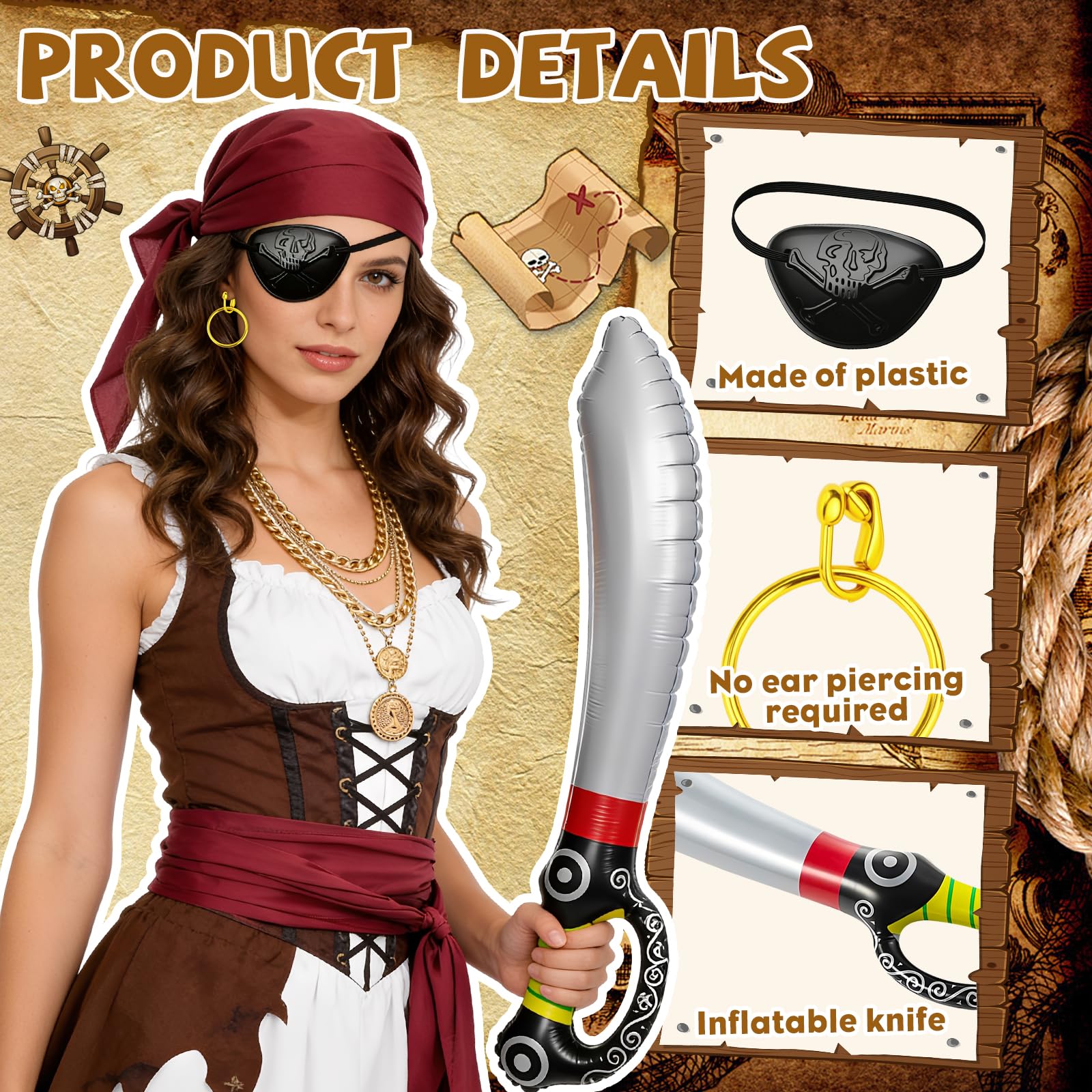 9 Medieval Pirate Costume Accessories Set for Adults,Pirate Fancy Dress Pirates Fancy Dress Set with Headscarf Eye Patch Necklace Bracelets Hip Scarf Dagger Prop for Halloween Cosplay Party (pirate) - Image 3