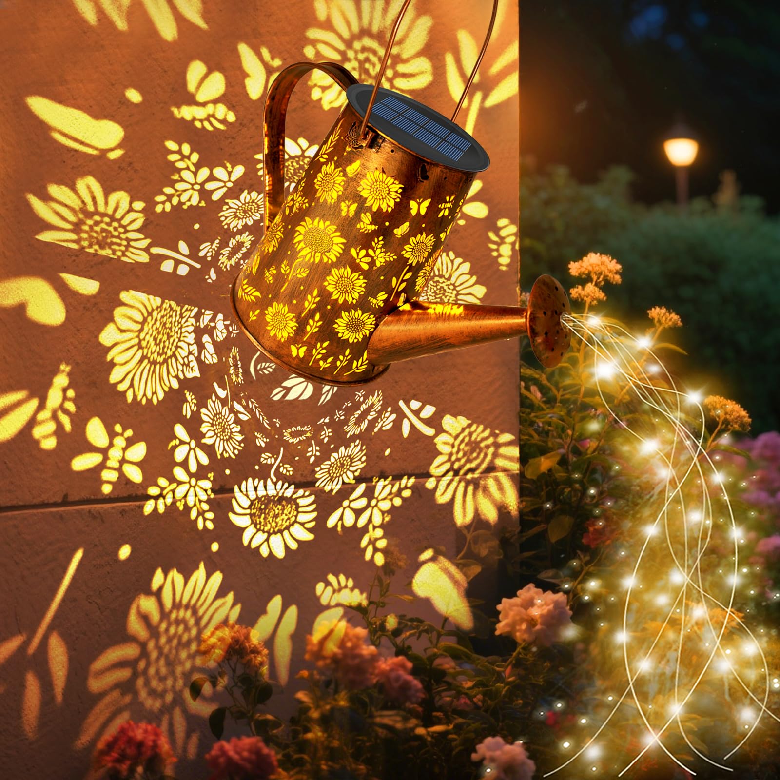 VOOKRY Luci solari per esterni, grande annaffiatoio solare in metallo da appendere, impermeabile, girasole, decorazione da giardino, luci esterne per portico, prato, patio, regali per mamma, nonna