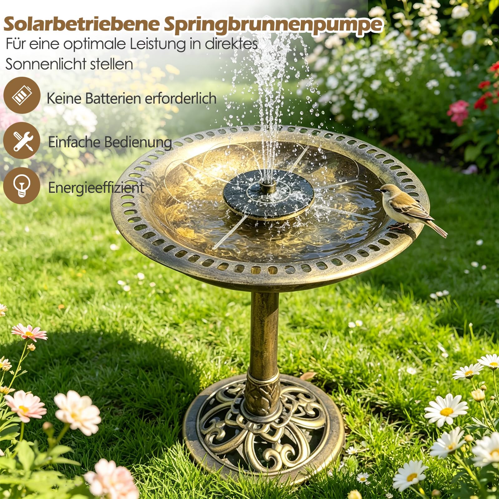 GYMAX Vogeltränke stehend, 2-in-1 Vogelbecken mit Solar-Springbrunnen, Vogelbad Garten mit Blumenkübel & befüllbarem Ständer, Vogelfutterstelle, Futterstation für Balkon & Garten