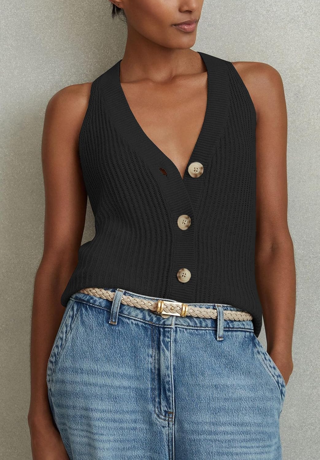 Womens Button-Front Sweater Vest Top V Neck Sleeveless Knit Tank Fitted Halter Raceback Cardigan Vest - Image 5